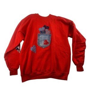 Hanes Red Sweatshirt X-Large With Denim Heart Pocket & Patchwork Appliqué